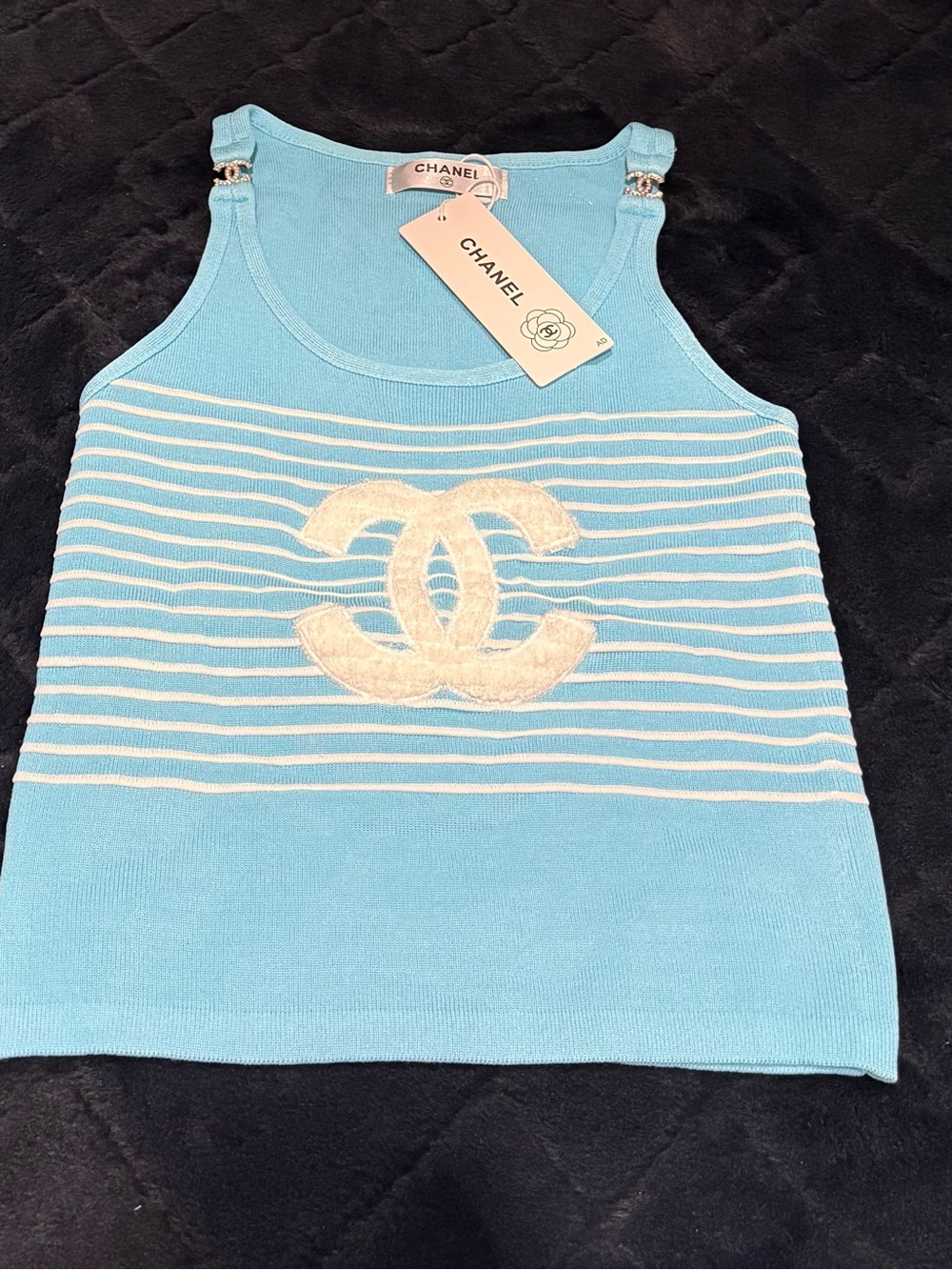 CHANEL Kids Light Blue & White Striped Logo Tank Top - Picture 3 of 4